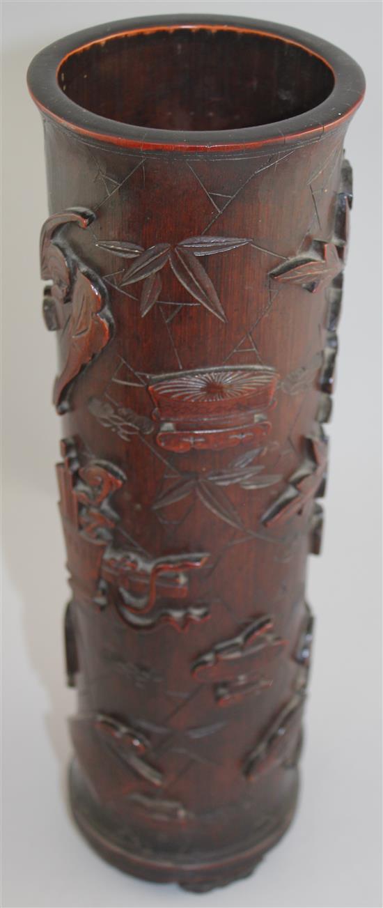 A Chinese bamboo hundred antiques cylindrical brush pot, 19th century, 34cm